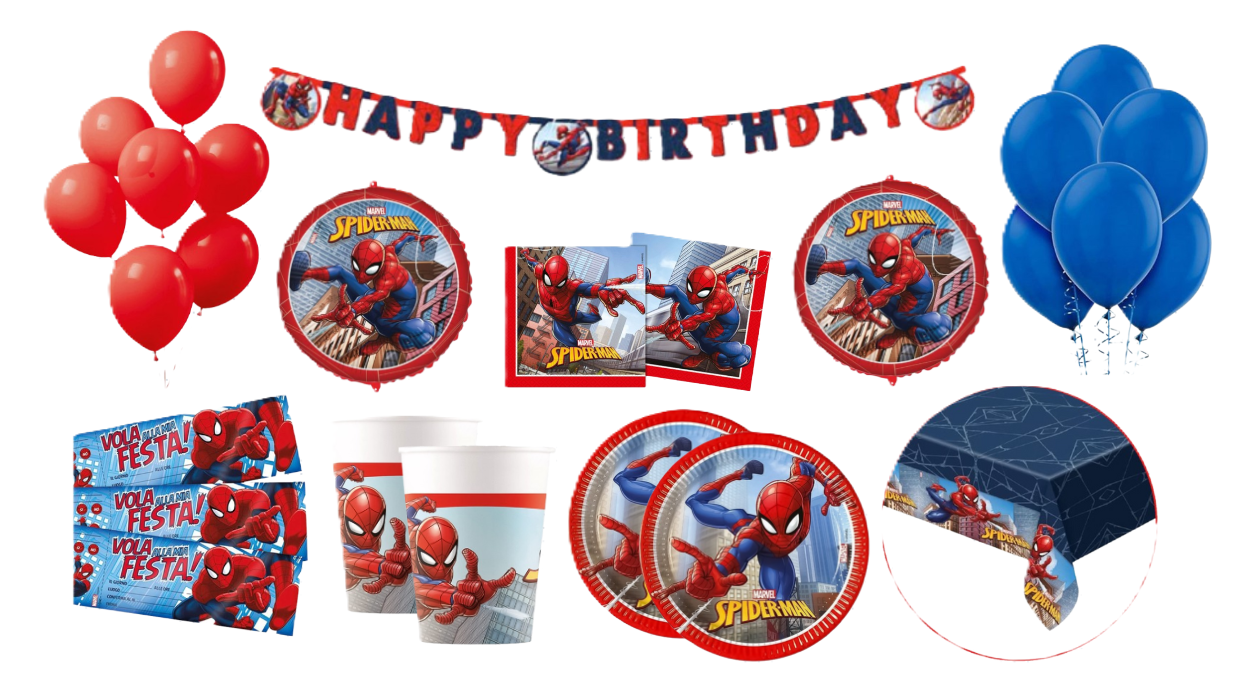 Kit Compleanno Spiderman 96pz ( 24 bicchieri, 24 piatti, 20 tovaglioli, 20 invit