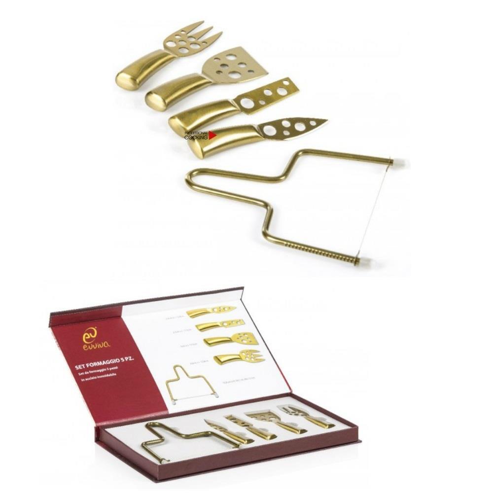 Set 5 attrezzi formaggio aperitivo acciaio inox colore oro