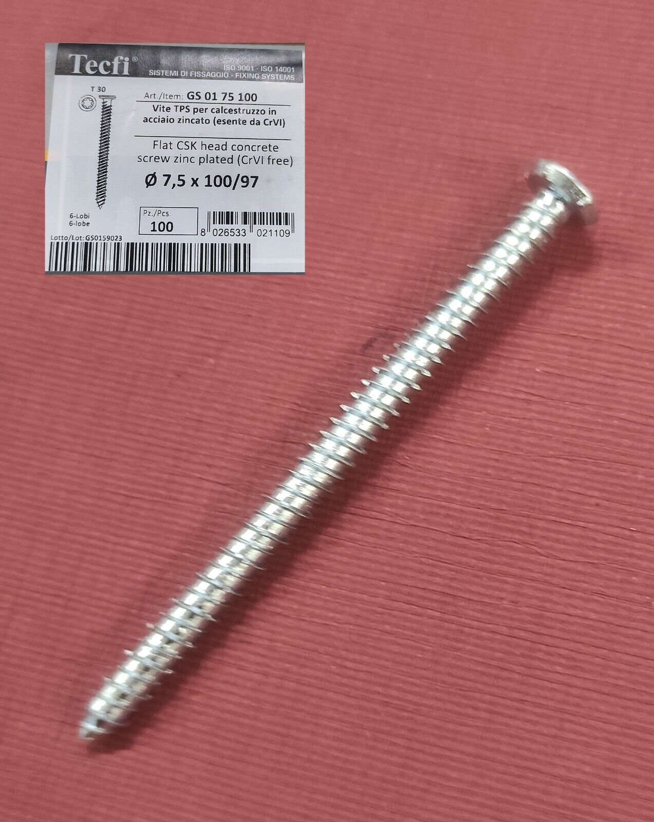 viti per cemento e muratura 7,5 x 100mm testa svasata torx  30 zincata pz100