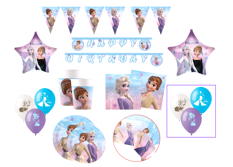 Kit Compleanno Frozen 113pz ( 24 bicchieri, 24 piatti, 40 tovaglioli, 1 tovaglia