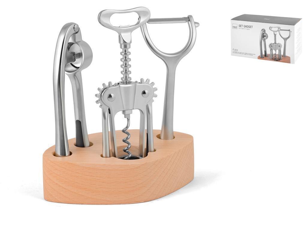 H&H Set 4 Pezzi Gadgets Con Manici Antiscivolo Base Legno