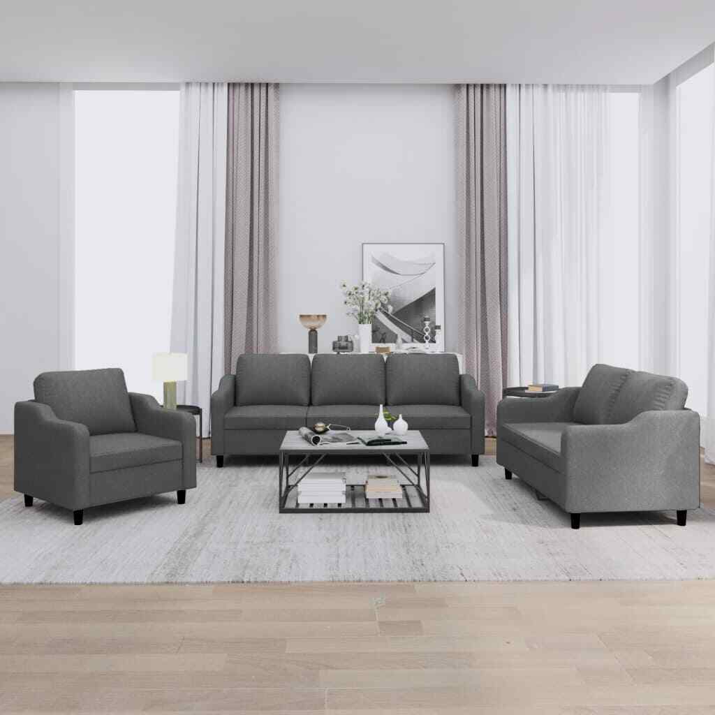 Set di Divani 3 pz con Cuscini Grigio Scuro in Tessuto