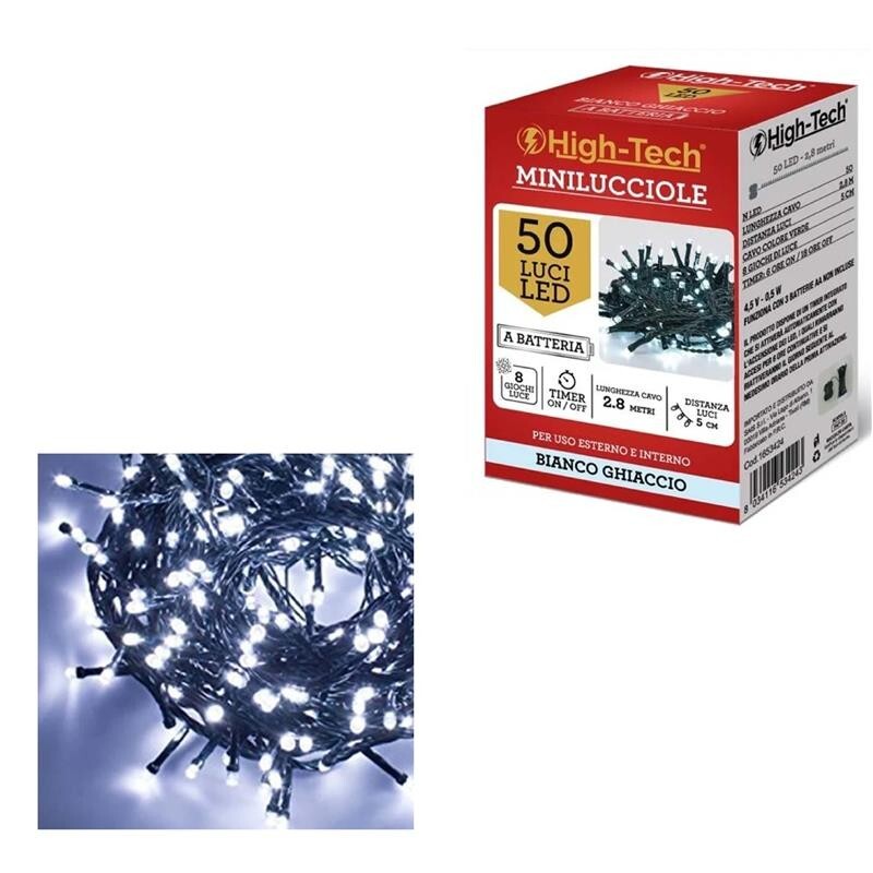 HIGH TECH FILO A BATTERIA CON 50 LED COLORE GHIACCIO MISURA 2.8 MT CON 8 GIOCHI