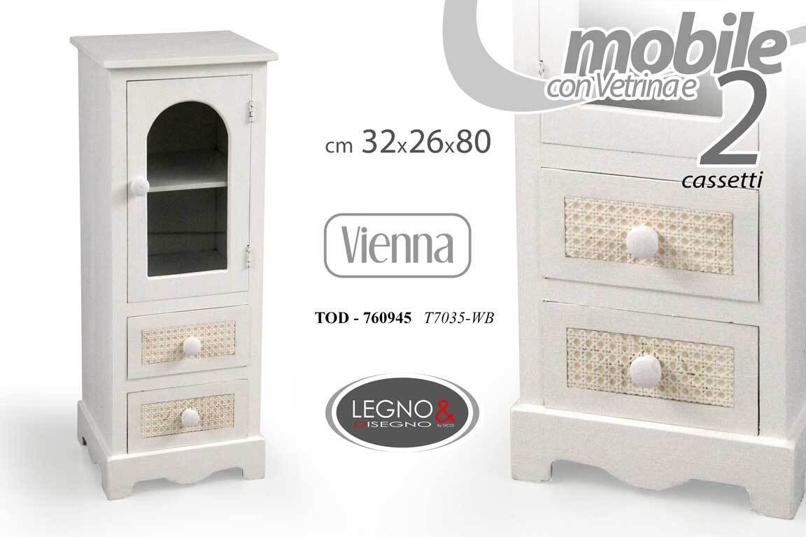 MOBILE VETRINA VETRINETTA ANTA 2 CASSETTI BEIGE LEGNO SHABBY CHIC 80*32*26 CM