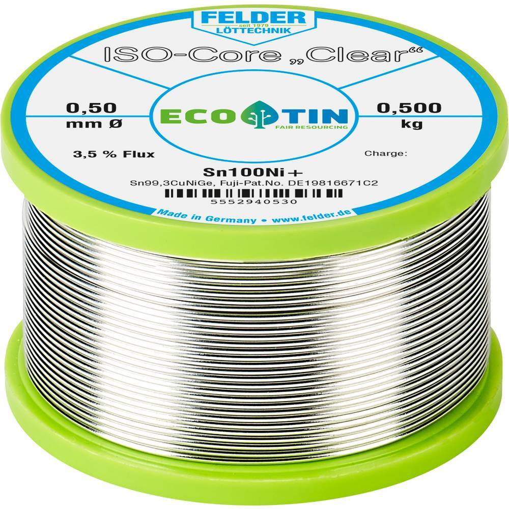 Felder ISO-Core Clear Sn100Ni+ Stagno per saldatura Bobina Sn99,25Cu0,7Ni0,05