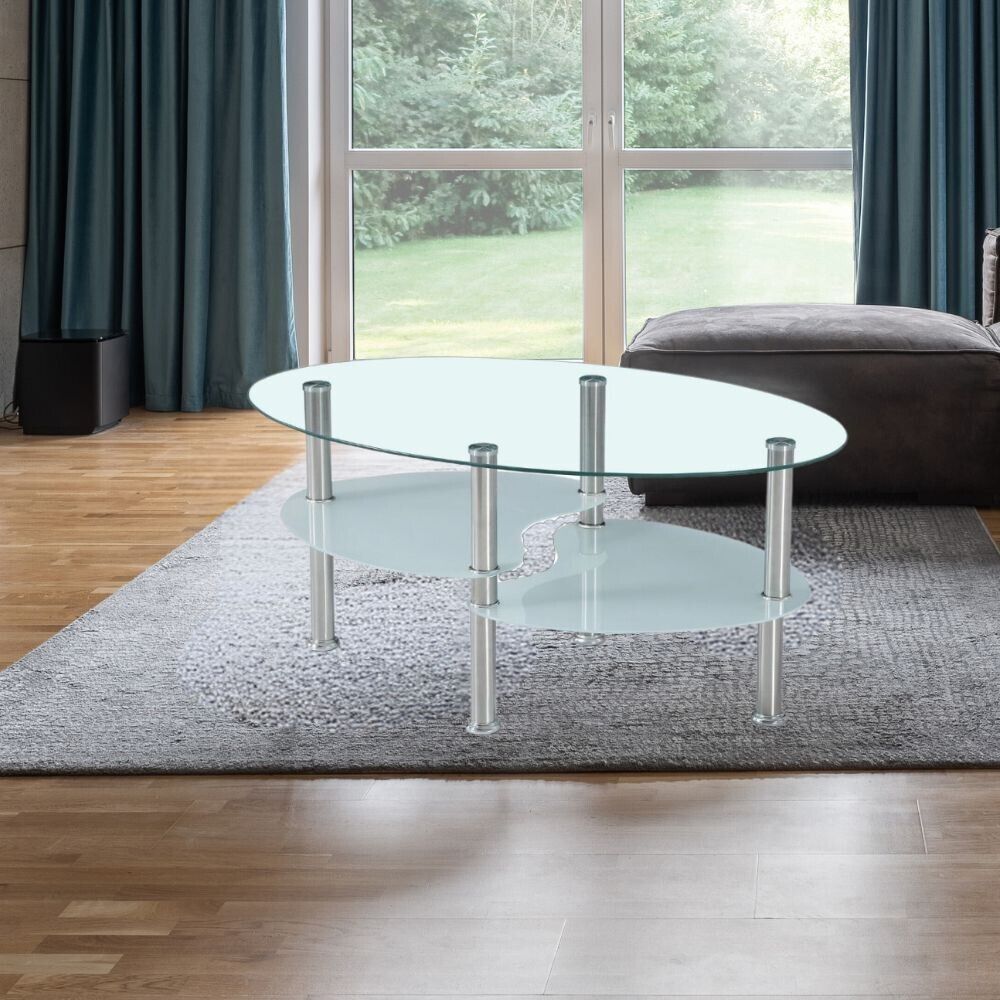 Tavolino ovale da salotto 90x55 cm con 3 piani in vetro e gambe in acciaio - Mim