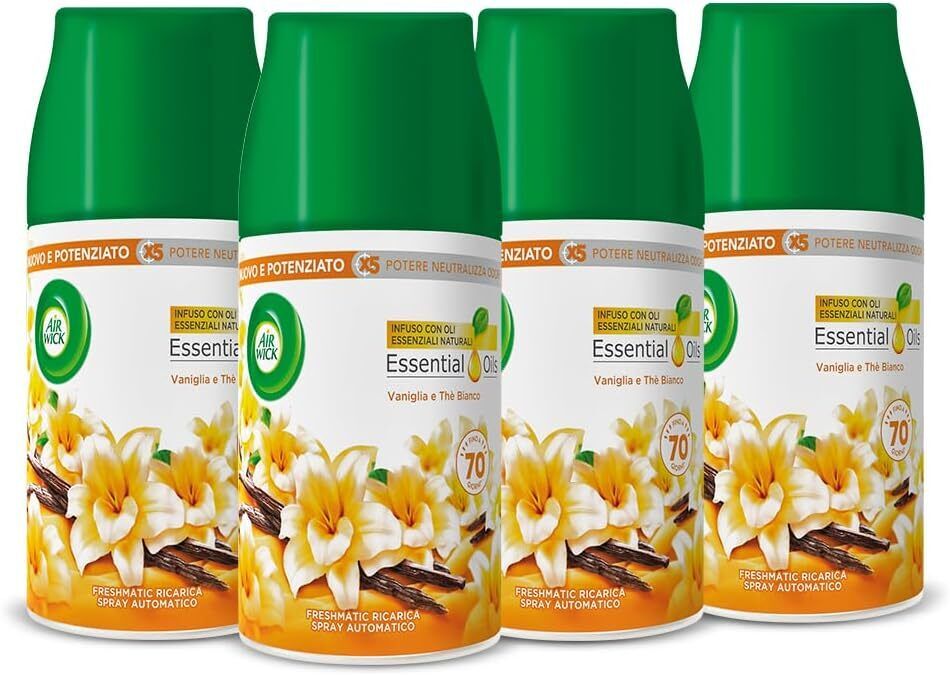 Airwick Freshmatic Profumatore per Ambienti, 4 Ricariche Vaniglia e Thè Bianco