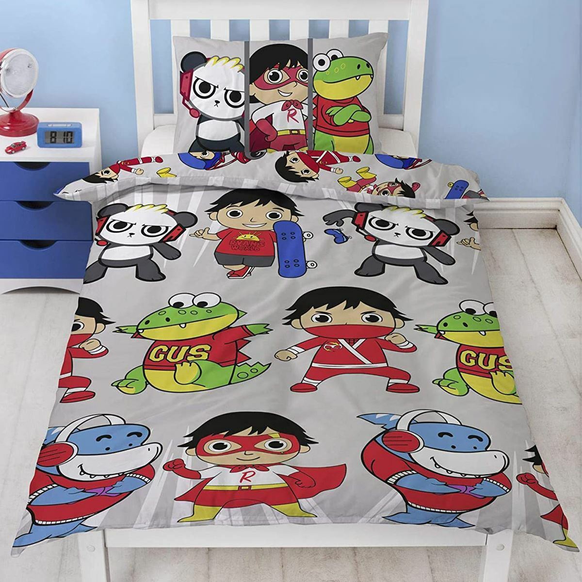 Ryans World Banda Set Copripiumino Singolo 2-in-1 Disegni Grigio Bambini Letto