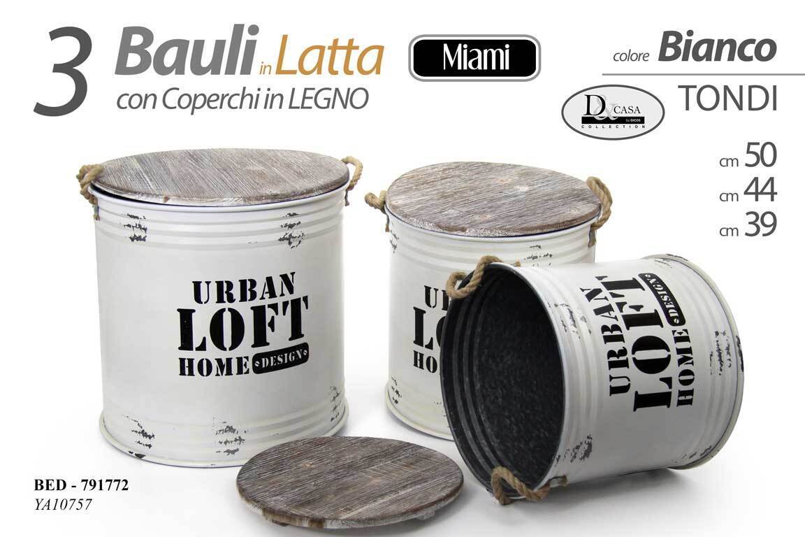 SET 3 BAULI MIAMI BOX BIDONE IN LATTA CON COPERCHIO IN LEGNO TONDI BED-791772