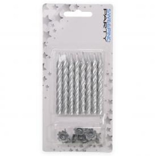 8 CANDELINE CERA ARGENTO CON SUPPORTO 8 CM COMPLEANNO FESTA ANIMAZIONE PARTY