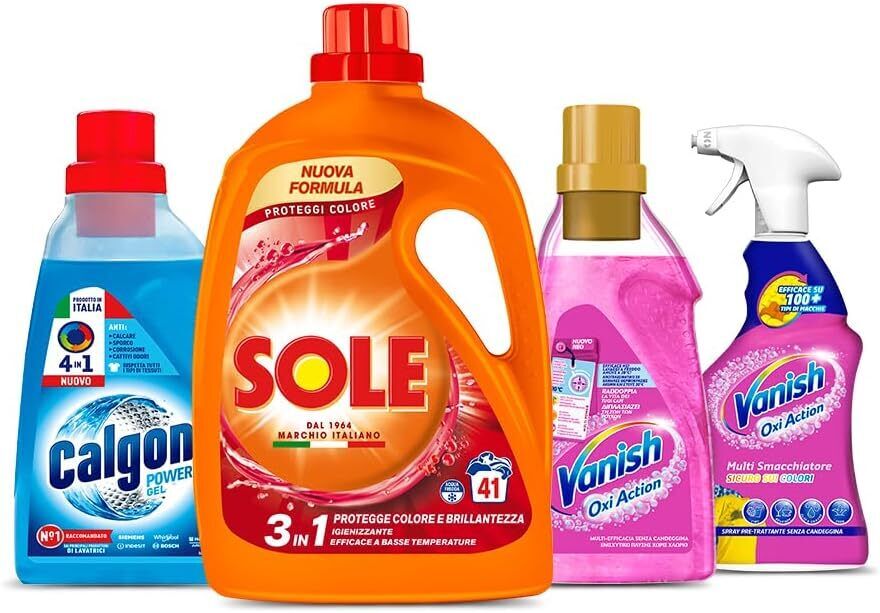 Kit Bucato Perfetto: 1 Sole Detersivo + 1 Calgon Gel + Vanish Detersivo e Spray