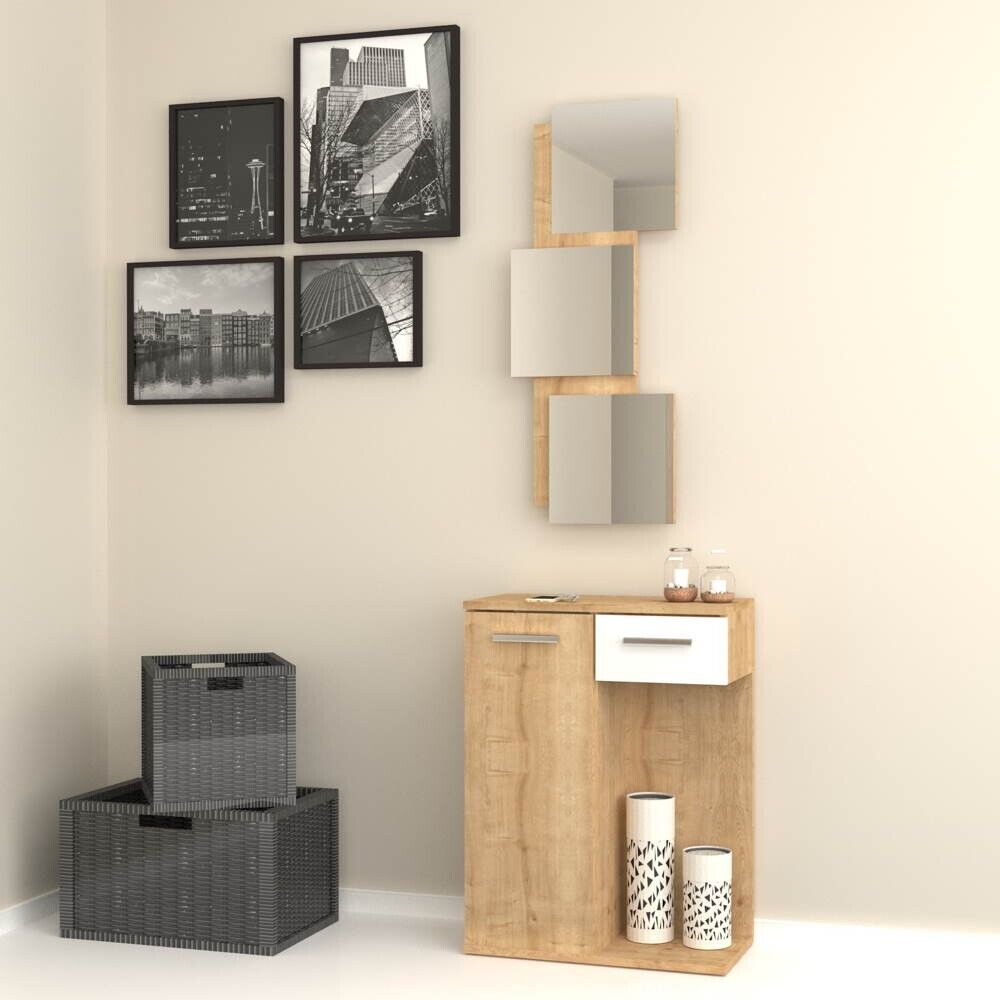 Mobile da ingresso 60x79h cm con specchi, anta e cassetto colore rovere e bianco