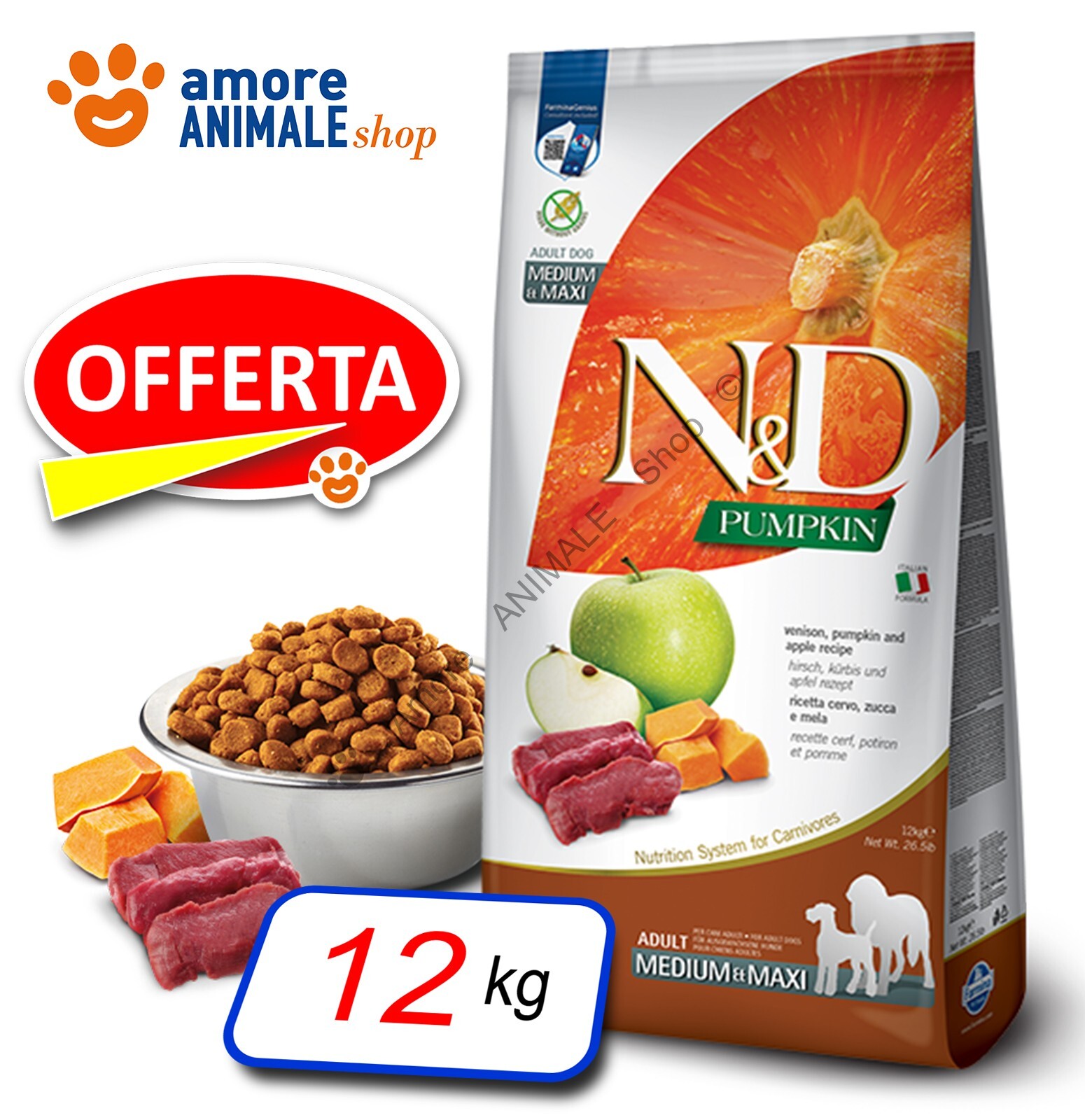 Farmina Dog N&D Pumpkin Adult Medium Maxi → Cervo, Zucca e Mela - 12 kg - Cane