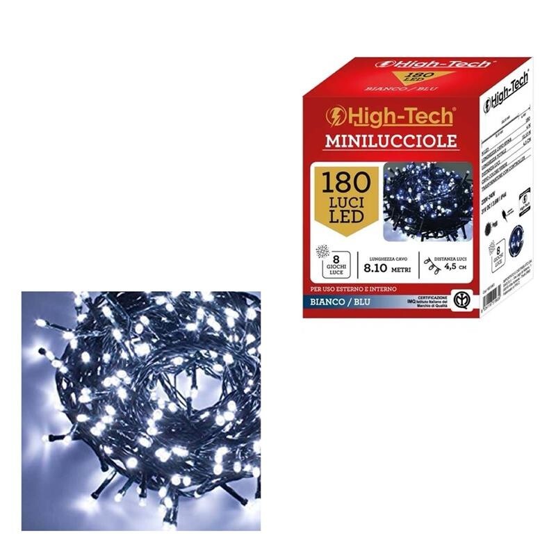 HIGH-TECH FILO LED 180 LUCI MINILUCCIOLE BIANCO/BLU CON 8 GIOCHI DI LUCE LUNGHEZ