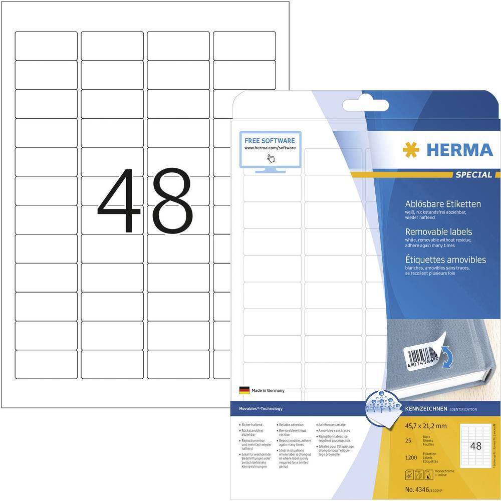 Herma 4346 Etichette 45.7 x 21.2 mm Carta Bianco 1200 pz. Staccabile Etichetta