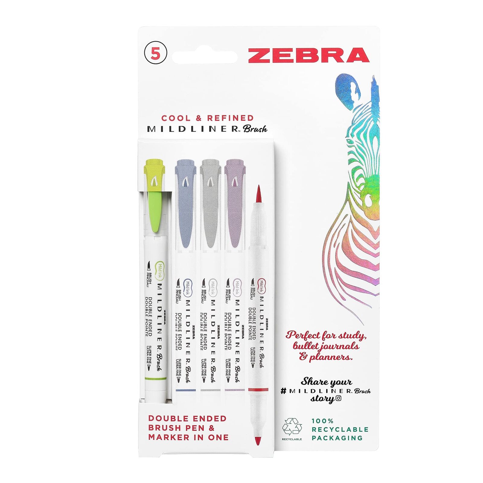 Zebra Pen MILDLINER Dual Tip Brush Pens, Felt Tip Pens For Adults, Bullet Tip &
