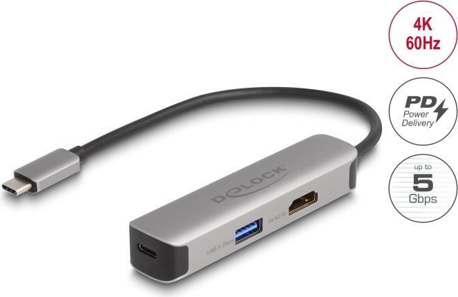 Delock Adattatore USB Type-C a HDMI 4K 60 Hz con dati USB Type-A e USB Type-C  P