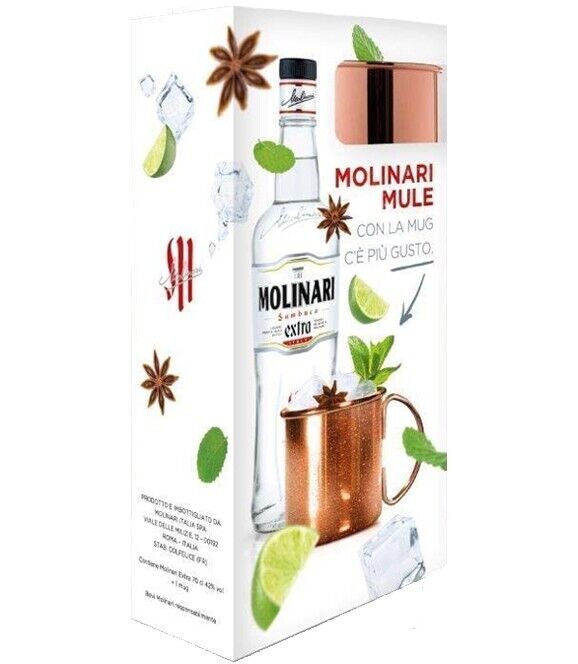MOLINARI SAMBUCA CONFEZIONE BOTTIGLIA CL.70 CON BICCHIERE IN RAME MUG