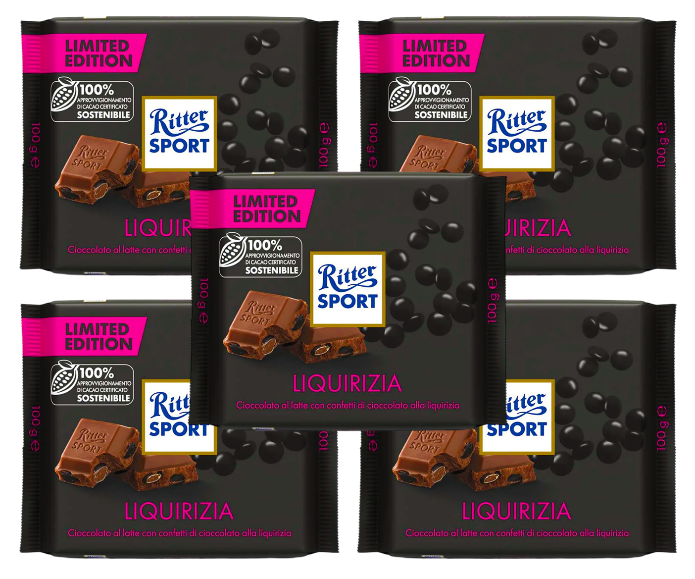 5X Ritter Sport Tavoletta Cioccolato Latte Confetti Aromatizzati Liquirizia 100g