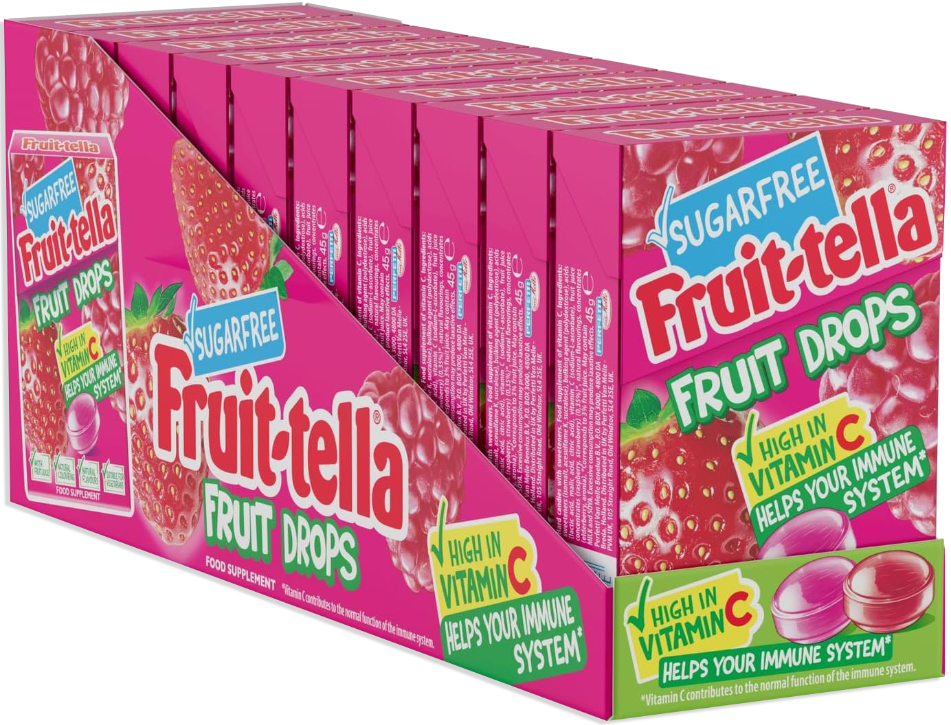 Fruit-tella Fruit Drops Red Berry Box Fragola e Lampone Senza Zuccheri 10x45g