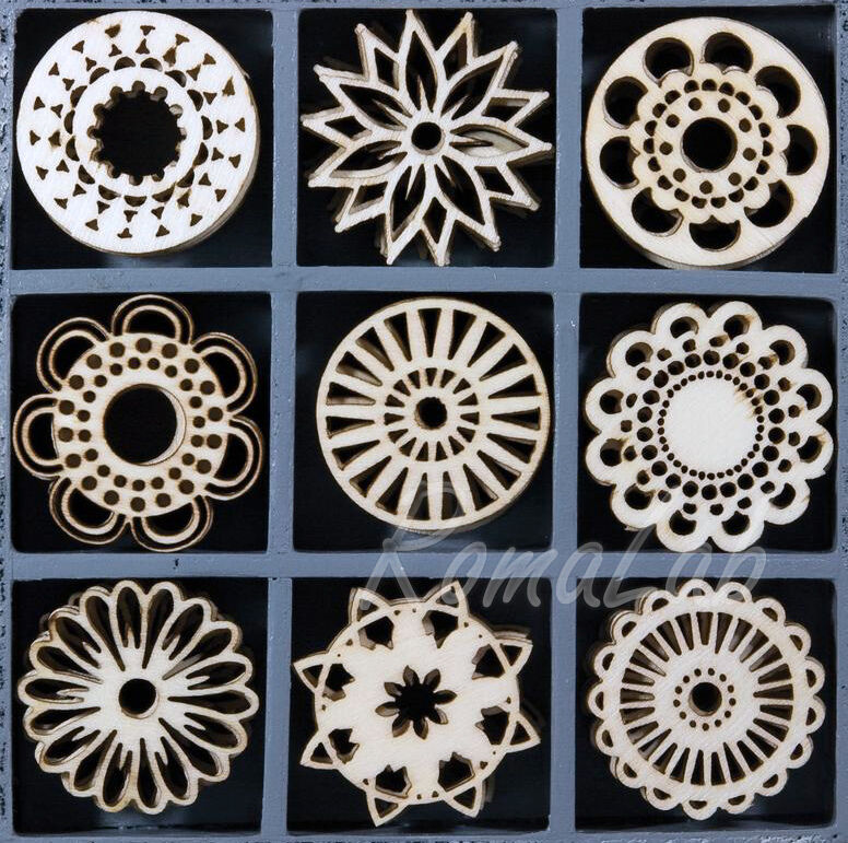 45 DECORAZIONI IN LEGNO a tema cerchi fantasia circolari ORNAMENTI x SCRAPBOO...