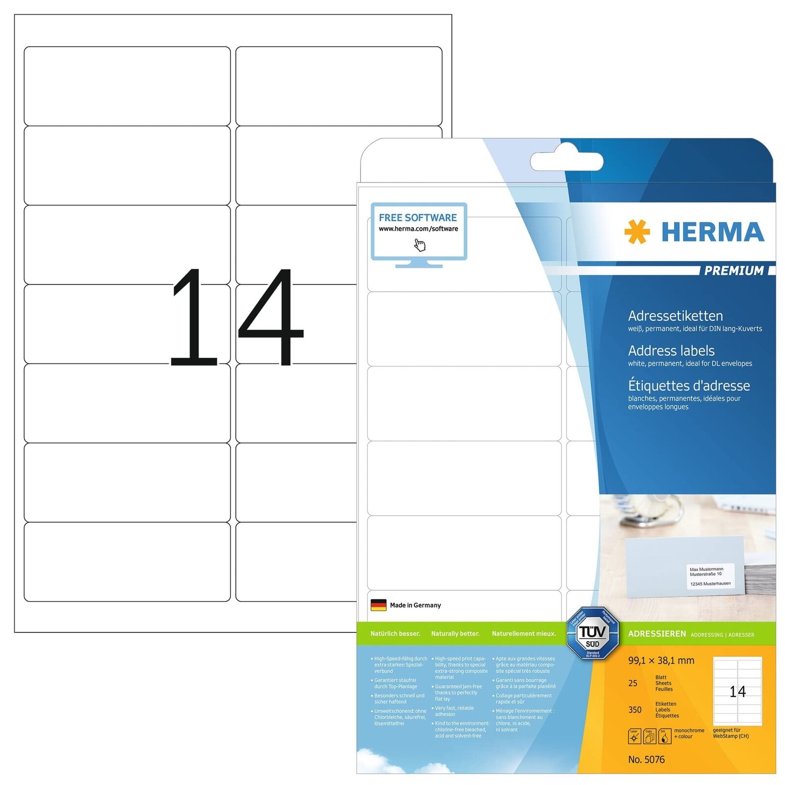HERMA Self Adhesive Address Mailing Labels, 14 Labels Per A4 Sheet, 350 Labels F