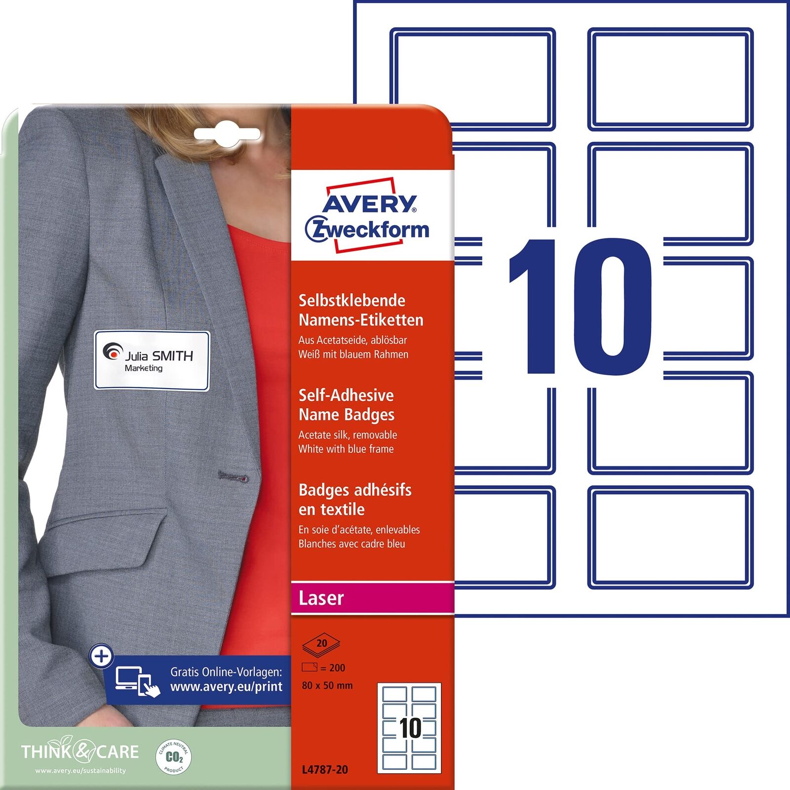 Avery Zweckform L4787-20 Self-Adhesive Name Badges 20 Sheets / 200 Labels / 80 x