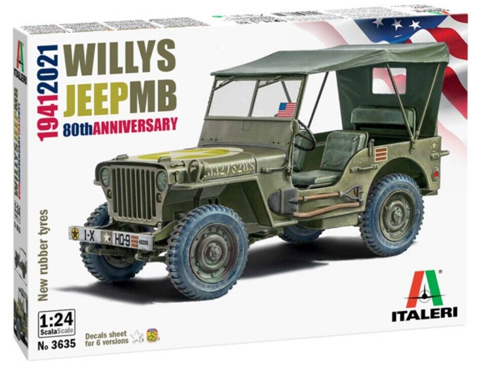 ITALERI 1:24 KIT AUTO - WILLYS JEEP MB 80° ANNIVERSARIO DECALS 6 VERS. ART 3635