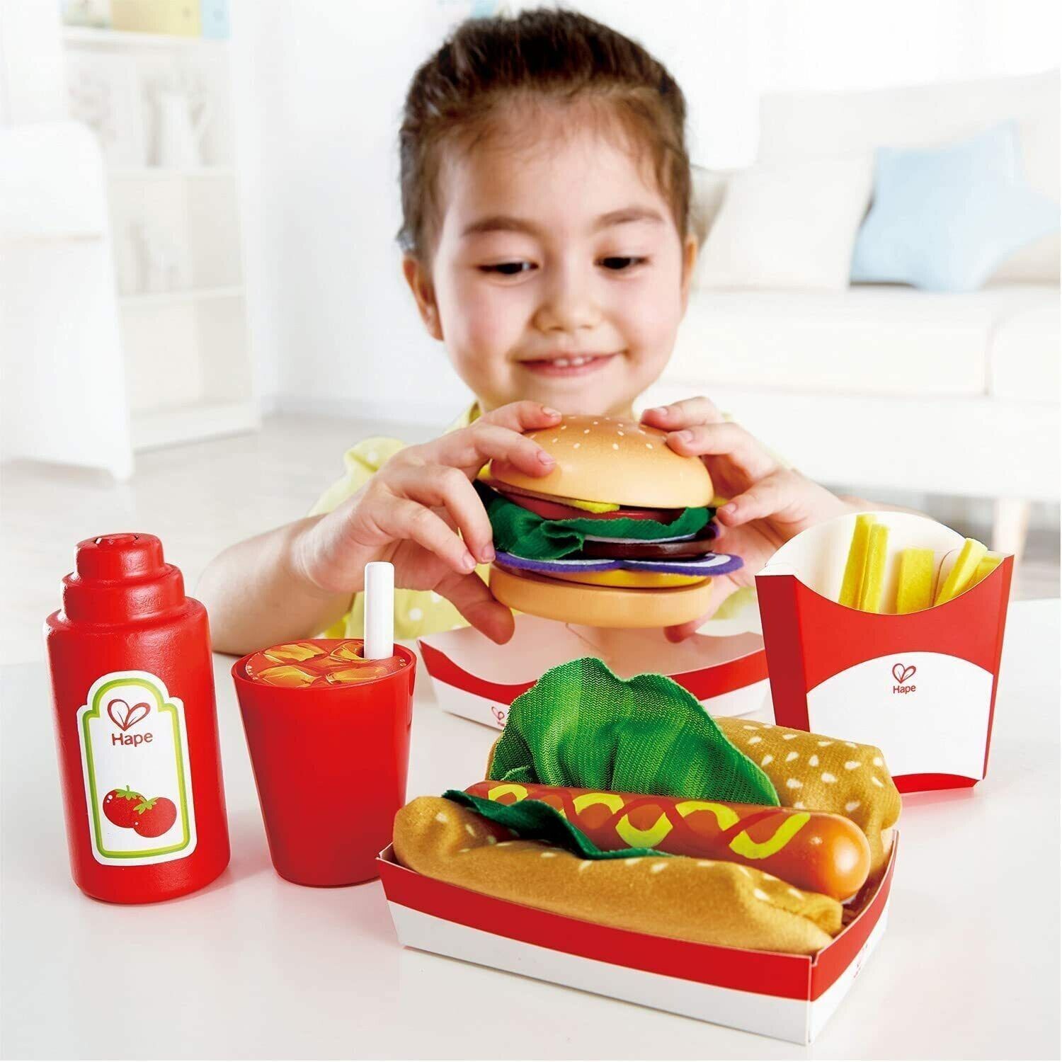 HAPE GIOCO SET FAST FOOD 3+ CON MENU PANINO COCA COLA PATATINE HAMBURGER