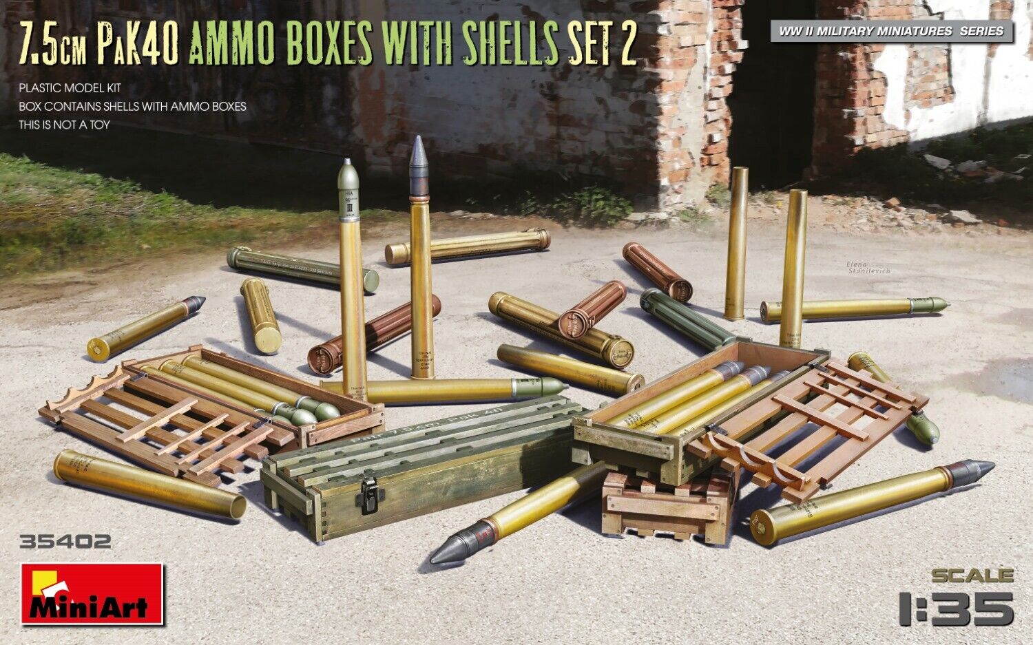 7.5cm Pak40 Ammo Boxes With Shells Set 2 1:35 Plastic Model Kit MINIART