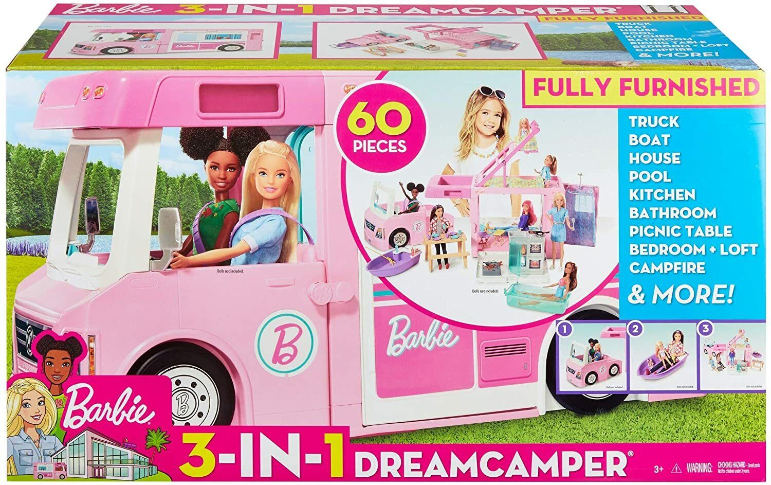 barbie dream camper sogni 3 in 1 GHL93 truck boat camping car caravan vehicle ok