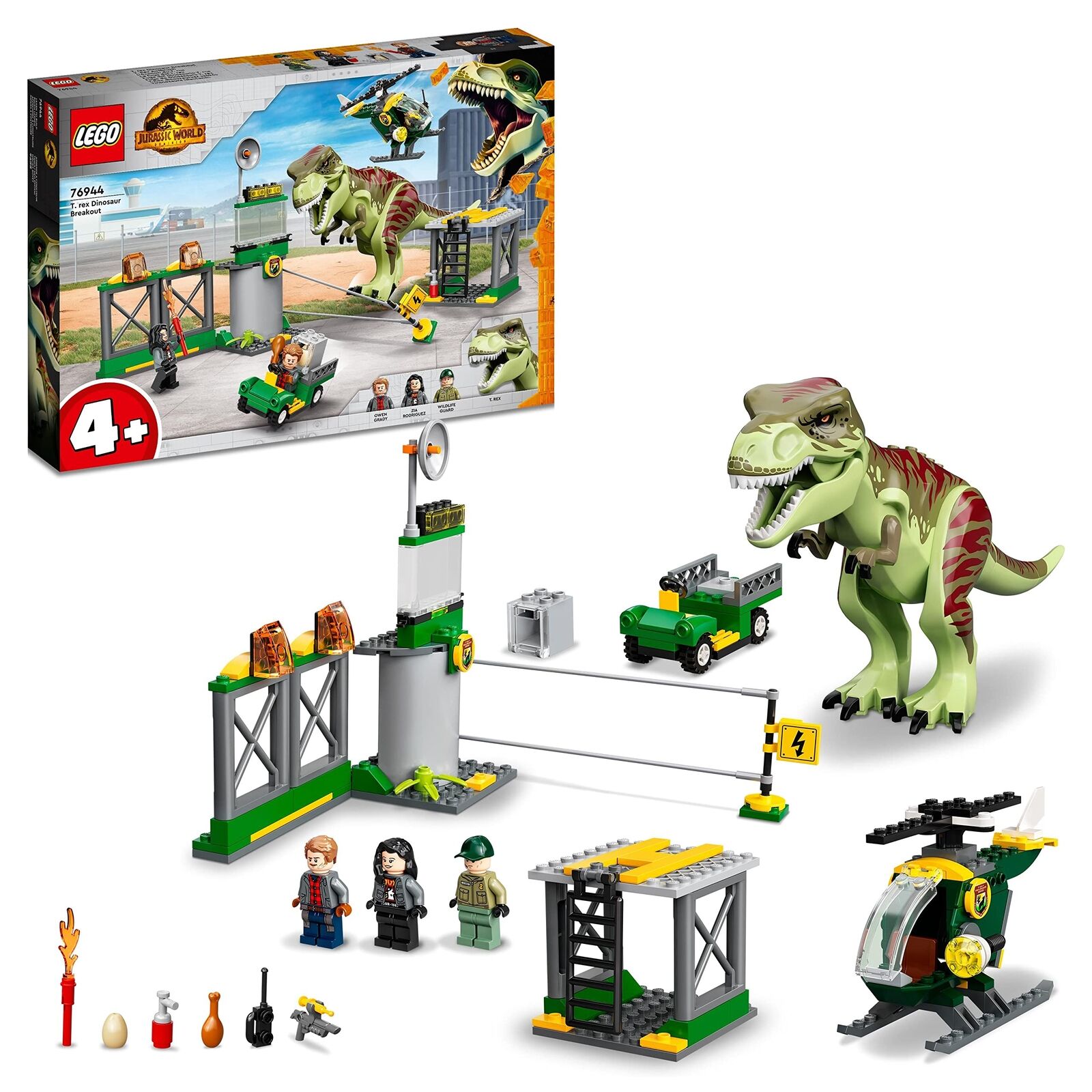 LEGO Jurassic World La Fuga del T. rex, Set con Eliporto, Garage, Veicolo, Elico