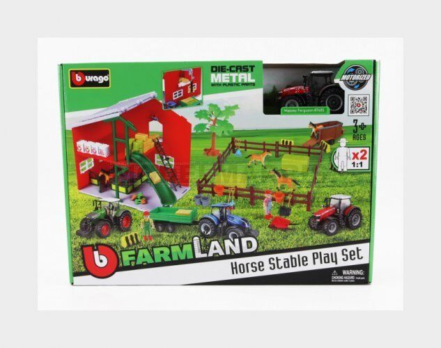 BURAGO BU31682-RED MASSEY FERGUSON SET FARM HORSE STABLE PLAY 8740S TRACTOR 2016