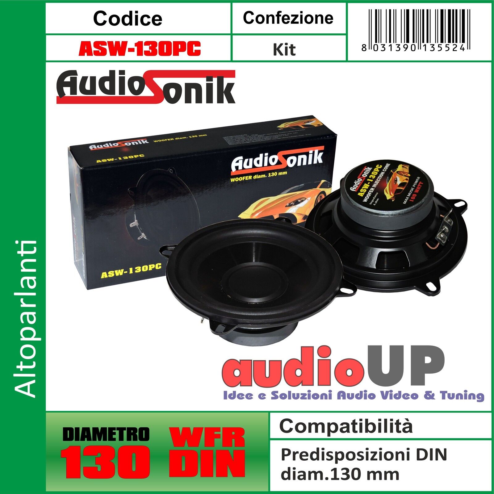COPPIA WOOFER IN POLICARBONATO DIAMETRO 130 MM 100 WATT. WOOFERS AUTO CAR AUDIO