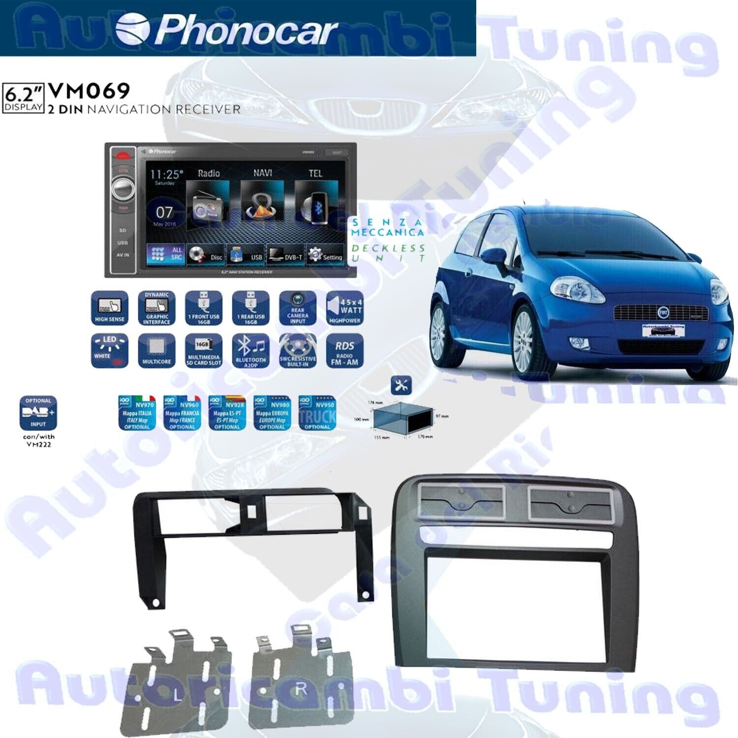 RADIO Phonocar VM069 2 din multimedia 6.2" Navigatore + mascherina GRANDE PUNTO