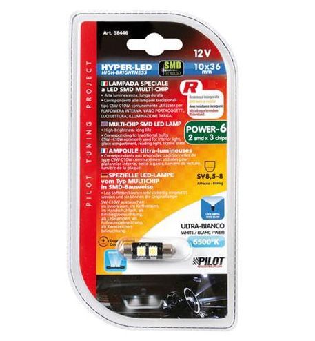 Lampada Hyper-Led 6 12V C5W 10x36mm SV8,5-8 1PZ D/Blister Bianco COD.58446