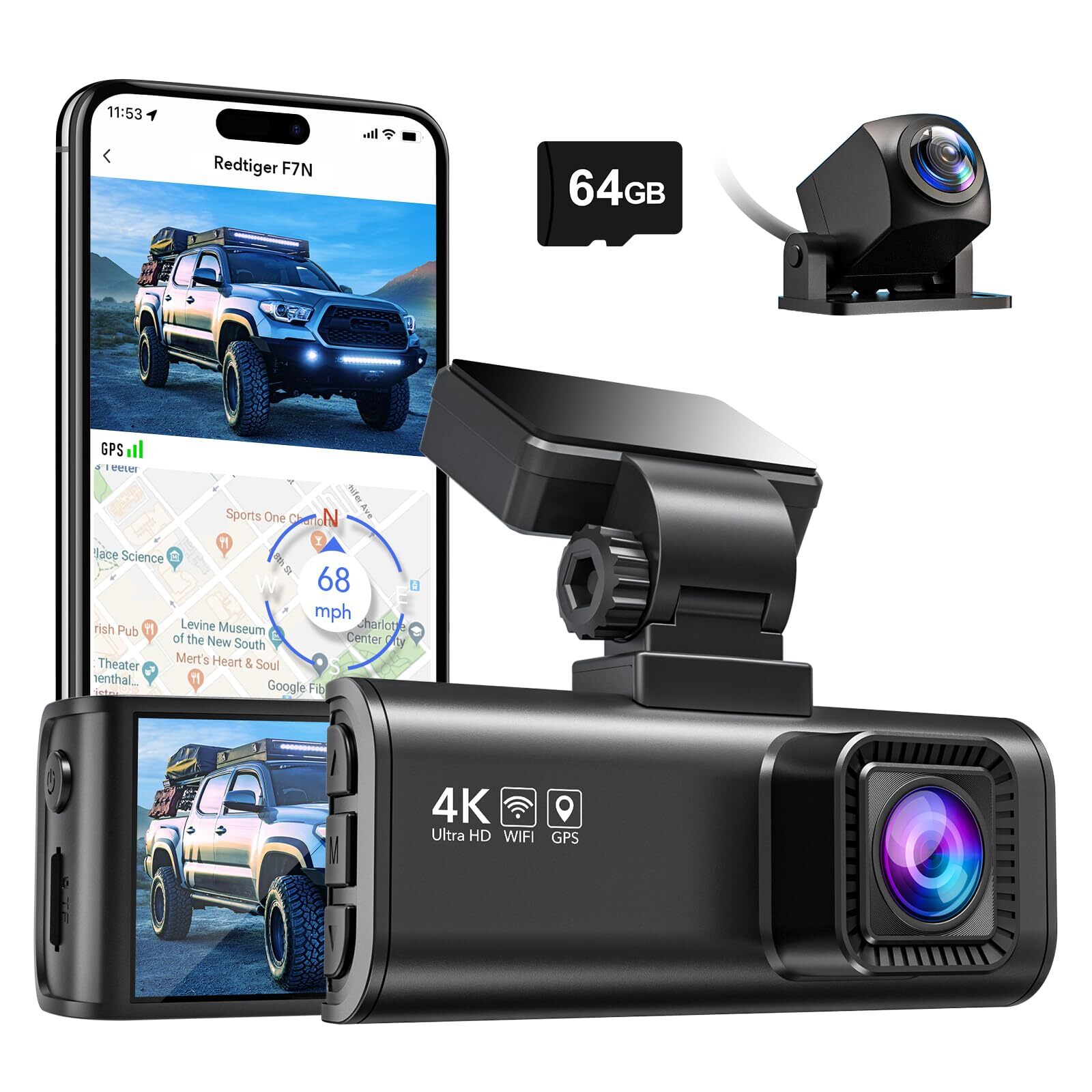 REDTIGER F7N Dual Dash Cam 4K WiFi Integrato GPS Frontale 4K/2.5K e Posterior...
