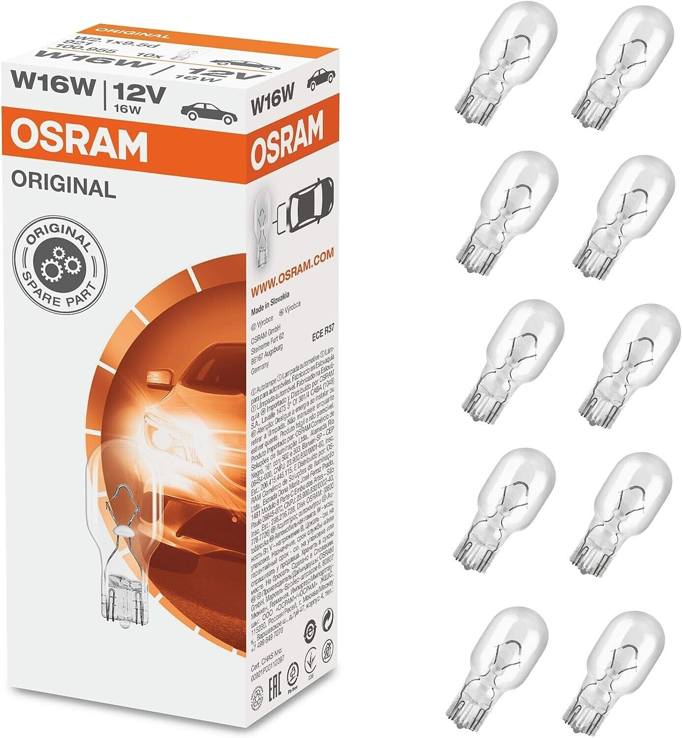 LAMPADE OSRAM ORIGINAL 921 W16W 12V RETROMARCIA FRENI FRECCE POST. (10 pezzi)