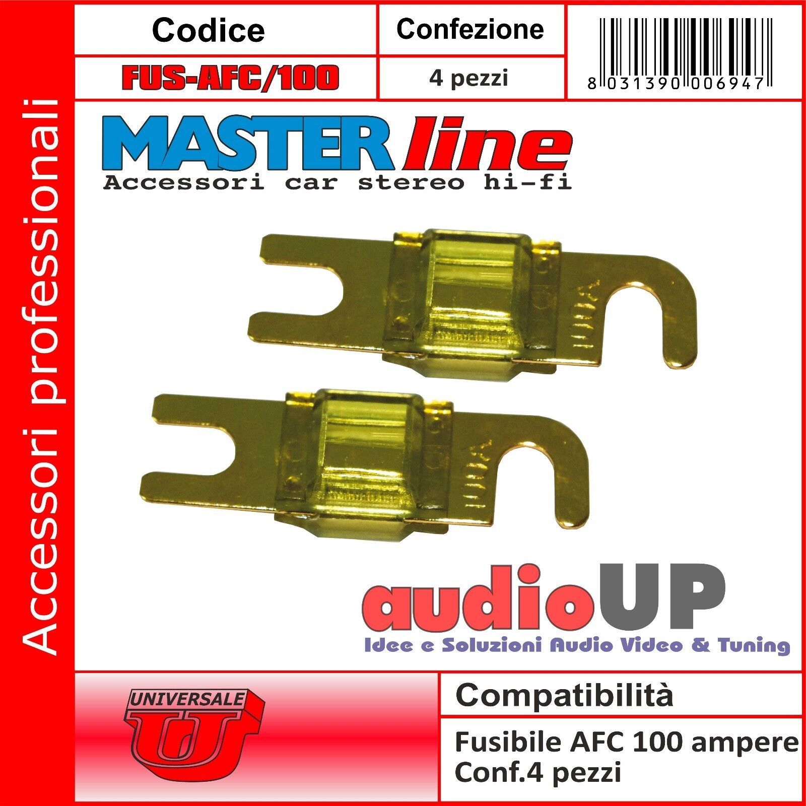 FUSIBILE LAMELLARE AFC 100A PROTEZIONE AMPLIFICAZIONE HI FI. FUSIBILI MASTERLINE
