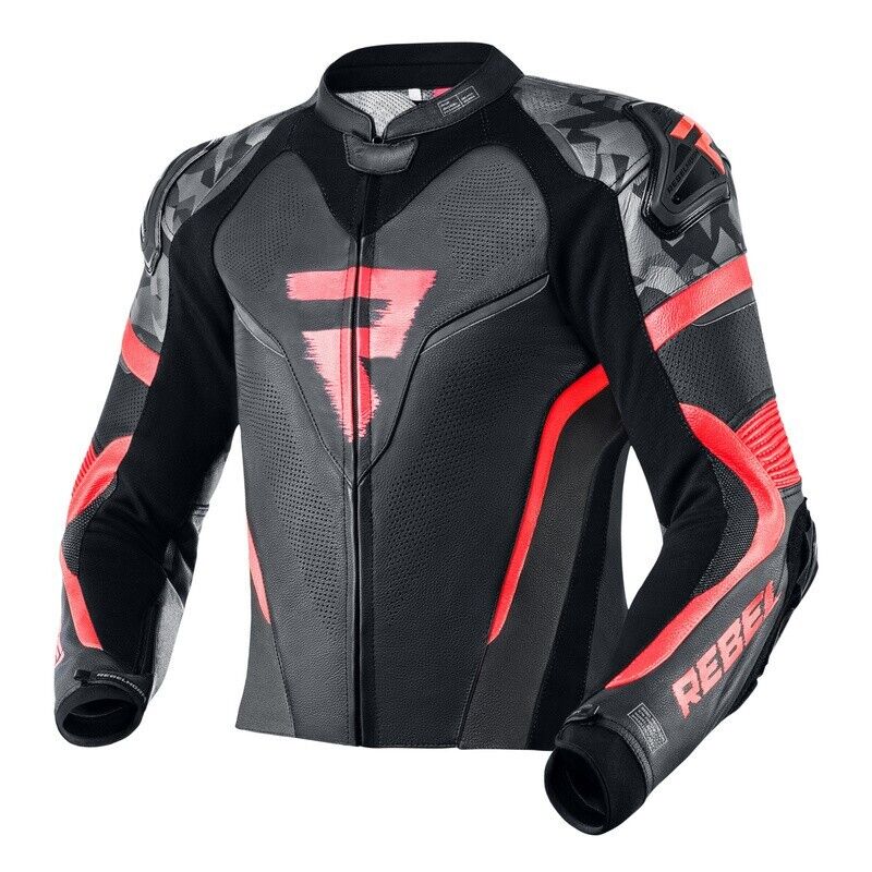 GIACCA REBELHORN REBEL IN PELLE NERA/ROSSO FLUO TG 54