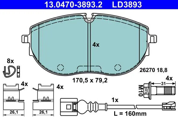 Pastiglie freno 13.0470-3893.2 ATE per VW MULTIVAN T6 CALIFORNIA T6 Camper