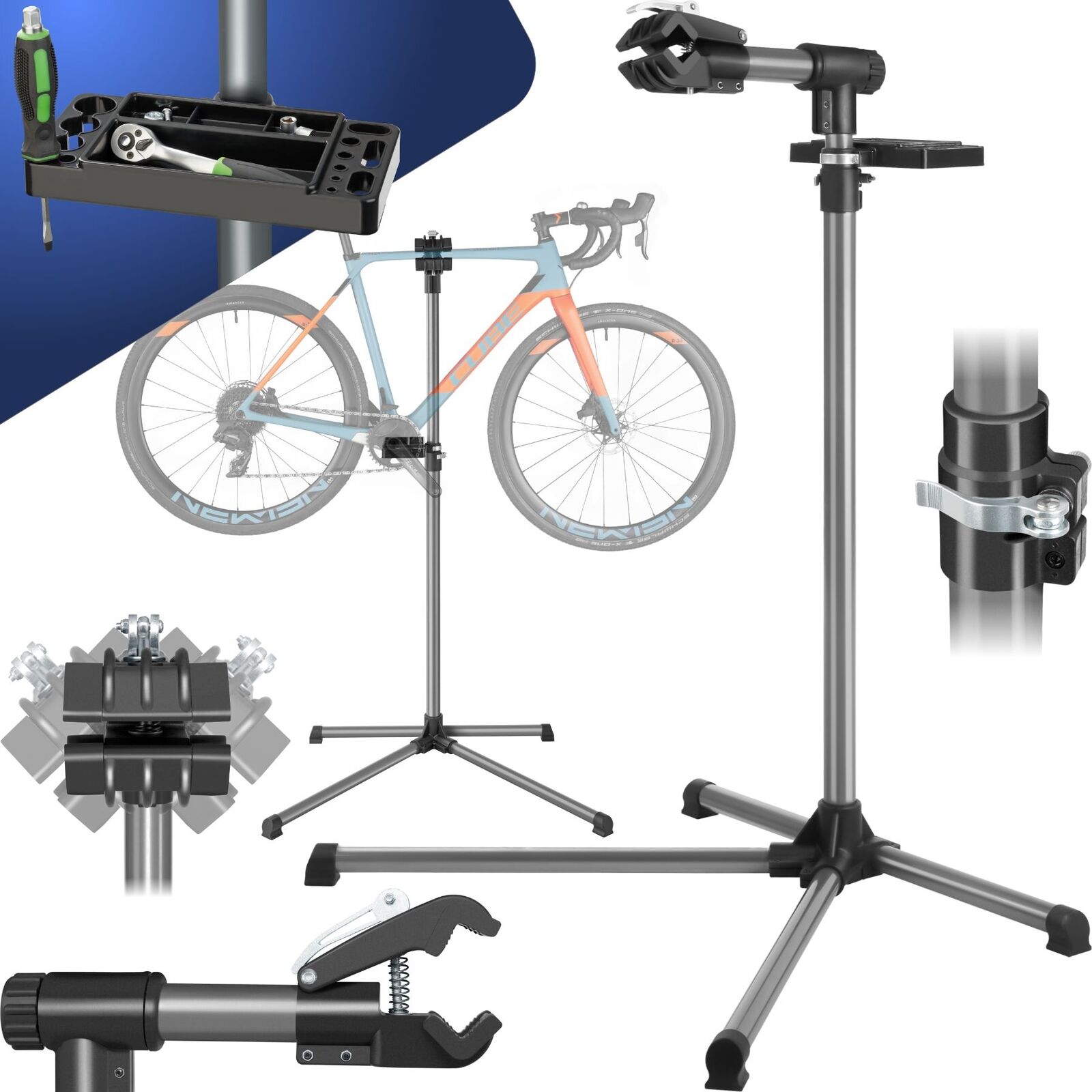 Cavalletto per Riparazioni Manutenzione Bici Regolabile Piano Appoggio Utensili