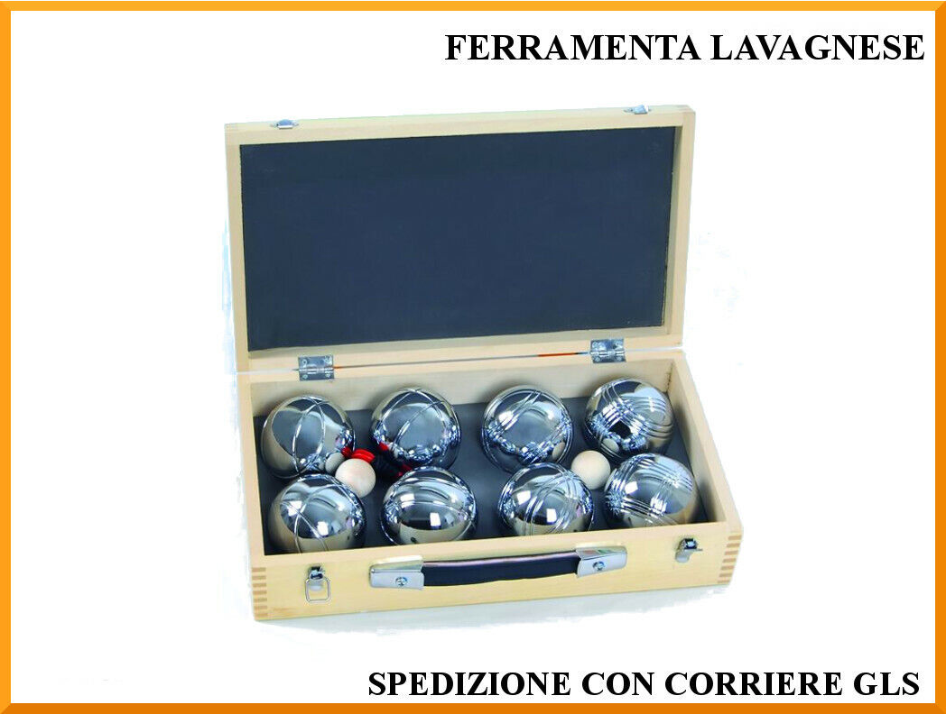 Set 8 bocce petanca in box di legno con pallini e misuratore