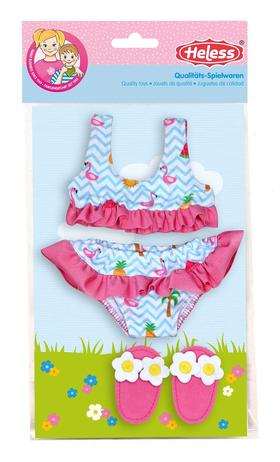 Heless - Schwimm-Set für Puppen 3 teilig Bikini mit Badeschläppchen Flamingo G