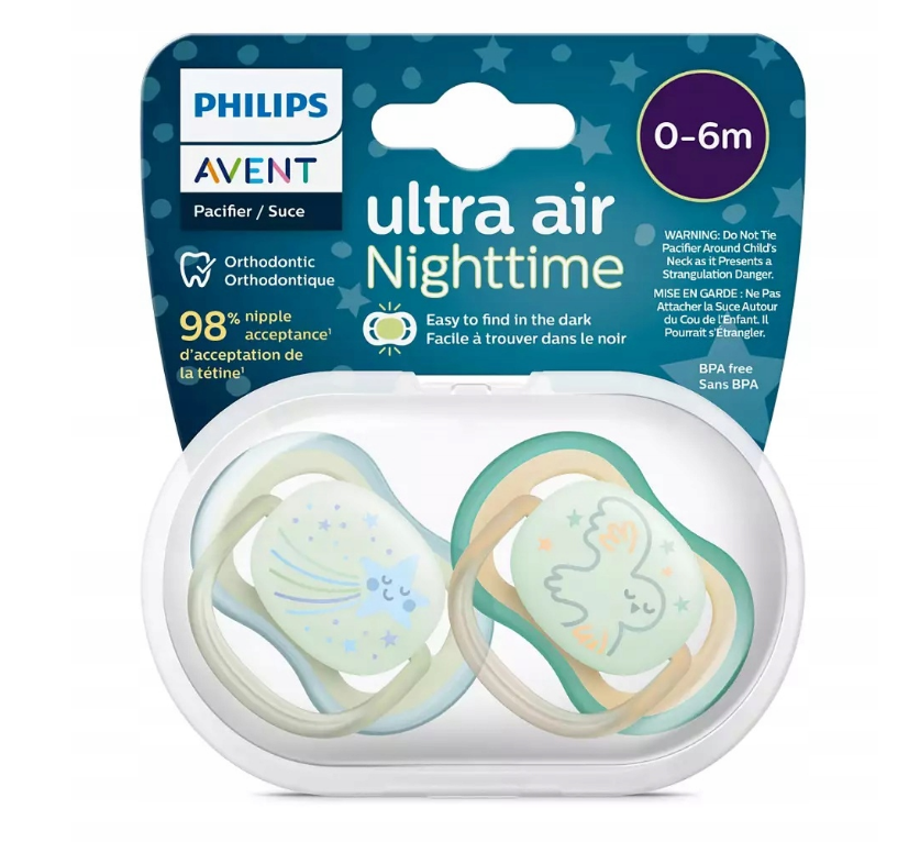 Philips Avent Ultra Air Tettarella ortodontica notturna 0-6m Ragazzo, 2 pezzi
