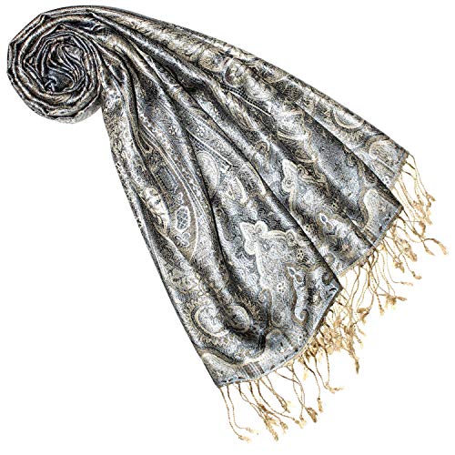 Lorenzo Cana Pashmina - Sciarpa In Tessuto Jacquard, 100% Seta, Motivo Paisley, In Seta Pashmina, Multicolore, 70 X 190 Cm, Grigio Argento-Avorio, 70