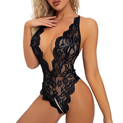 Koemcy Lingerie Donna Sexy Babydoll Camicia Da Notte Trasparente Intima Da Notte Scollo A V Pizzo Aperto Lingerie Hollow Halter Lingerie Body Sexy Pig