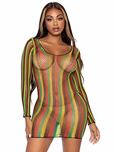 Leg Avenue Long Sleeve Rasta Net Mini Dress, O/S, Multicolor Lingerie, Taglia Unica Donna
