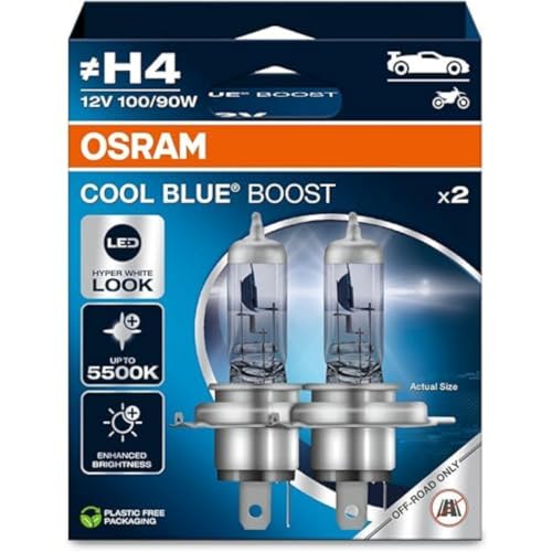 Osram Cool Blue Boost, H4, Halogen Headlight Lamps, Up To 5500K, Hanging Folding Box (2 Lamps), Offroad Use Only