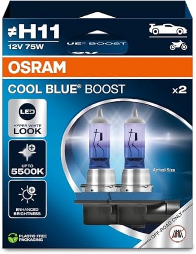 Osram Cool Blue Boost, H11, Halogen Headlight Lamps, Up To 5500K, Hanging Folding Box (2 Lamps), Offroad Use Only